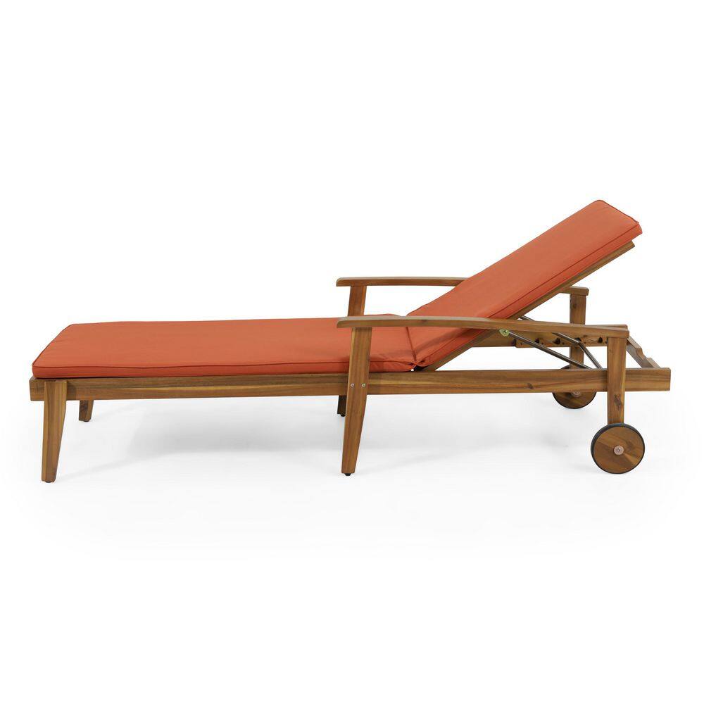 Brown Wood Adjustable Outdoor Chaise Lounge with Orange Cushion, Wheels price history on PriceWatchPro