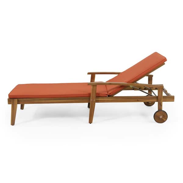 Brown Wood Adjustable Outdoor Chaise Lounge with Orange Cushion, Wheels