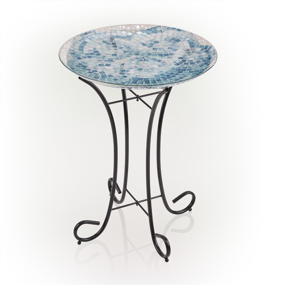 Blue Mosaic Glass Birdbath with Metal Stand, 24" Tall