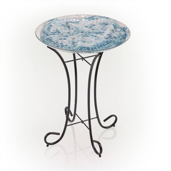 Alpine Corporation - 24 in. Tall Outdoor Mosaic Style Glass Birdbath Bowl with Metal Stand, Blue