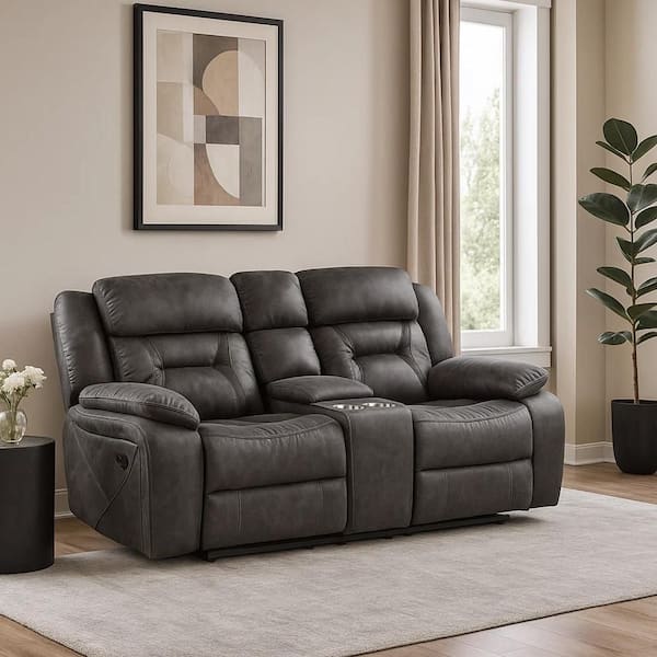 Benjara 74.5 in. Pillow Top Arm Microfiber Rectangle Loveseat Recliner Sofa in Gray
