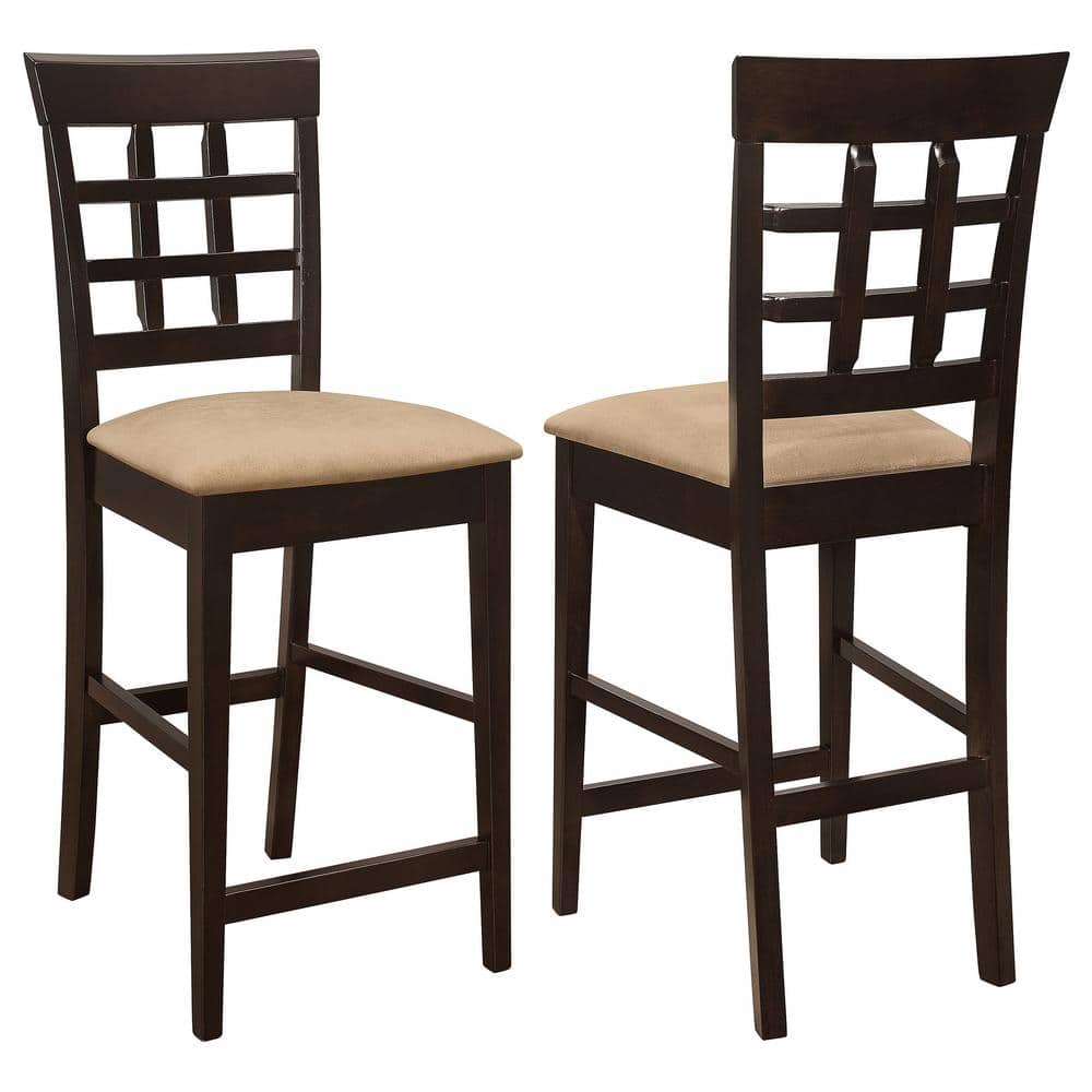 Cappuccino Wood Grid Back Bar Stools with Cream Cushions, Set of 2