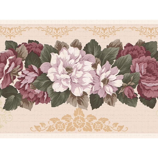 Dundee Deco Falkirk Dandy II Pink Beige Flowers Scrolls Floral Peel and Stick Wallpaper Border