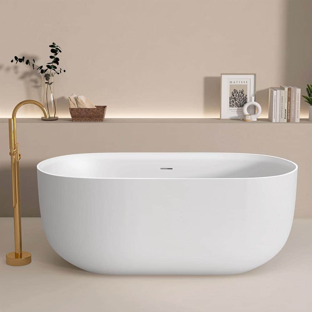 Sco 55 in. x 30 in. Solid Surface Stone Resin Freestanding Soaking Bathtub Center Drain Oval Shaped Tub in Matte White price history on PriceWatchPro