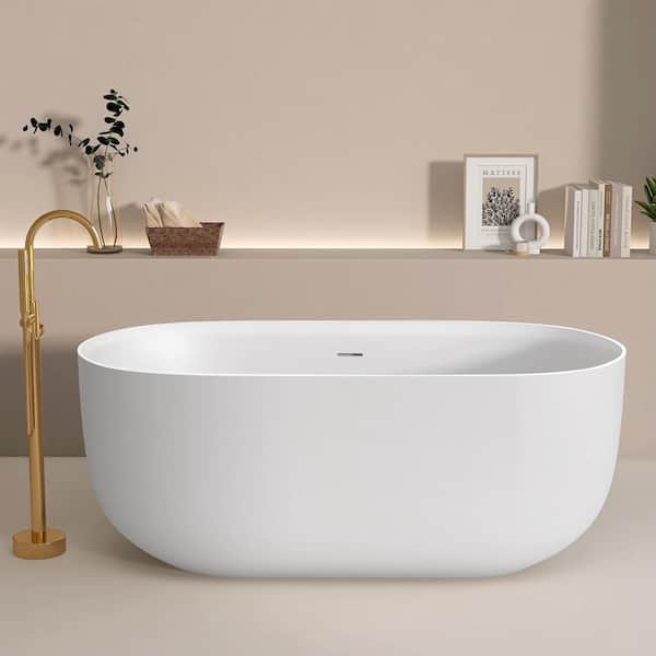 Zeafive Sco 55 in. x 30 in. Solid Surface Stone Resin Freestanding Soaking Bathtub Center Drain Oval Shaped Tub in Matte White