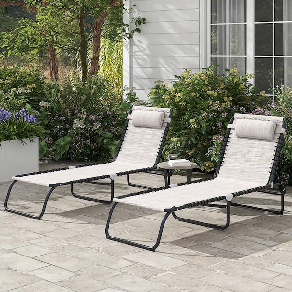 Unbranded 2-Piece Cream Metal Folding Waterproof Patio Outdoor Chaise Lounge Chair W/ 4-Position Reclining Back, Breathable Mesh