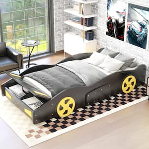 Black Wood Frame Twin Size Race Car-Shaped Platform Bed with Yellow Wheels and Storage