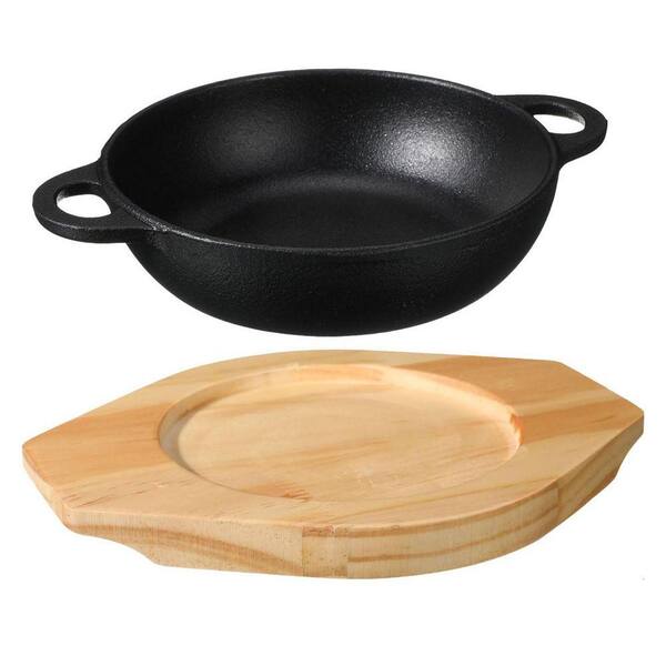 4-Piece Stainless Steel Mini Cast Iron Skillet Set Black Cast Iron with Wooden Base Versatile Baking Cooking Grilling