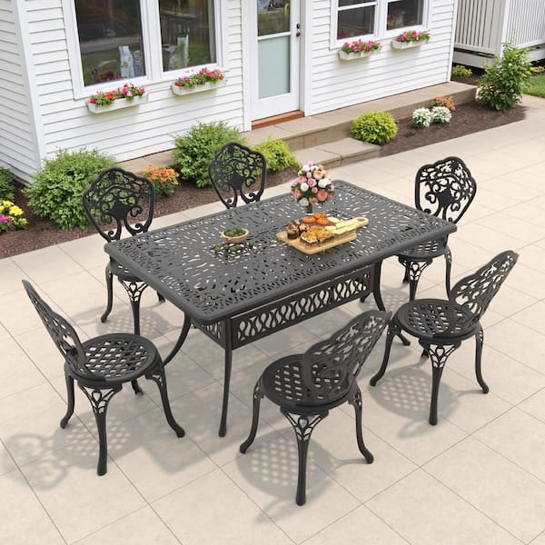 Willit Black 7-Piece of Cast Aluminum Outdoor Patio Dining Set with 58.27 in. x 34.65 in. Rectangular Table and Armless Chairs