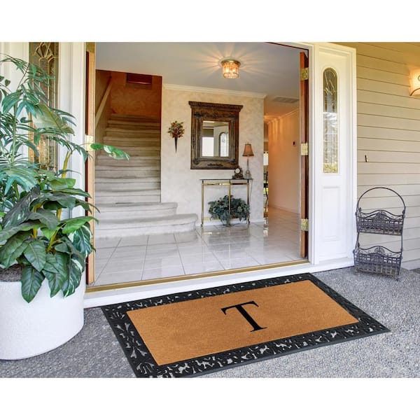 A1hc Rubber and Coir Door Mat Floral Border Dirt Trapper Heavy Weight Large Doormat 24x38 - Black/Beige