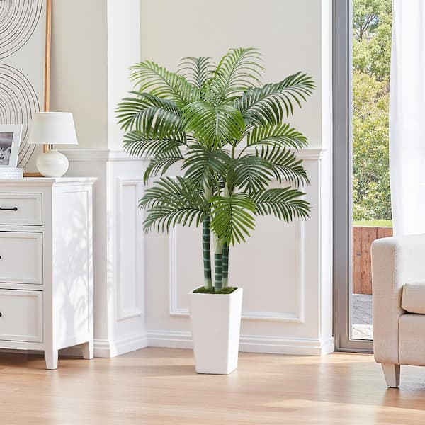 6 ft. Artificial Areca Palm Tree, Fake Palm Tropical Plants with White Tall Planter, Faux Silk Plant for Indoor/Outdoor