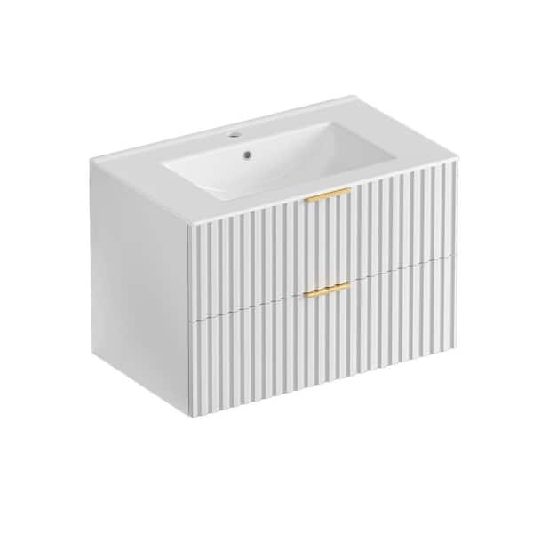 30 in. Floating White Bath Vanity with Ceramic Top Unassembled, Dual-Drawer Storage, Horizontal Stripe Design