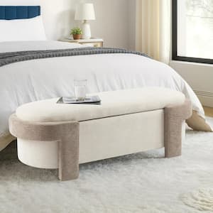 Loftia Modern Polyester Upholstered Flip Top Storage Ottoman Bench, Off-White Plus Light Camel