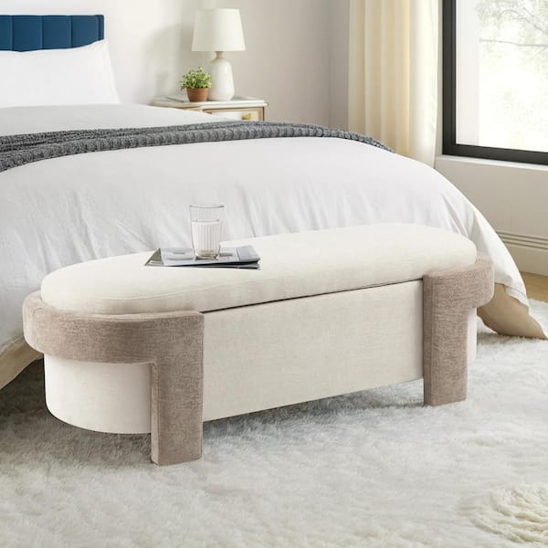 CHRISTOPHER KNIGHT HOME Loftia Modern Polyester Upholstered Flip Top Storage Ottoman Bench, Off-White Plus Light Camel