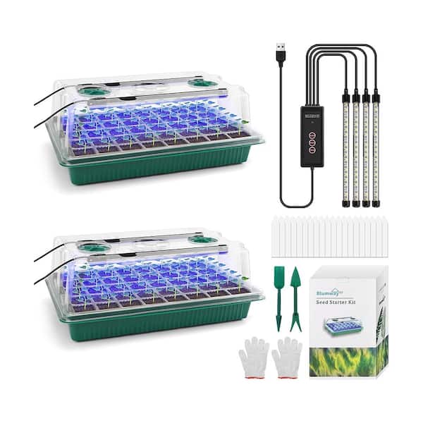 2-Pack 80 Cells Seedling Tray Seed Starter Kit with Adjustable Grow Light, Humidity Dome, USB or AC Power, Green
