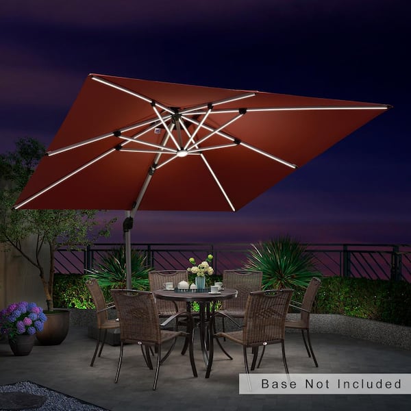 PURPLE LEAF 10 ft. Square Solar Powered LED Patio Umbrella Outdoor Cantilever Umbrella Heavy-Duty Sun Umbrella in Brick Red
