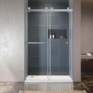 UKD01 46 to 49 in. W x 76 in. H Double Sliding Frameless Shower Door in Brushed Nickel, EnduroShield 3/8 in. Clear Glass