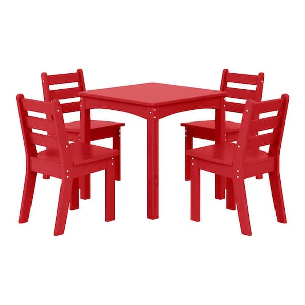 Garden Party Children's 5-Piece Square Outdoor Patio All Weather HDPE Plastic Top Red Dining Table Set
