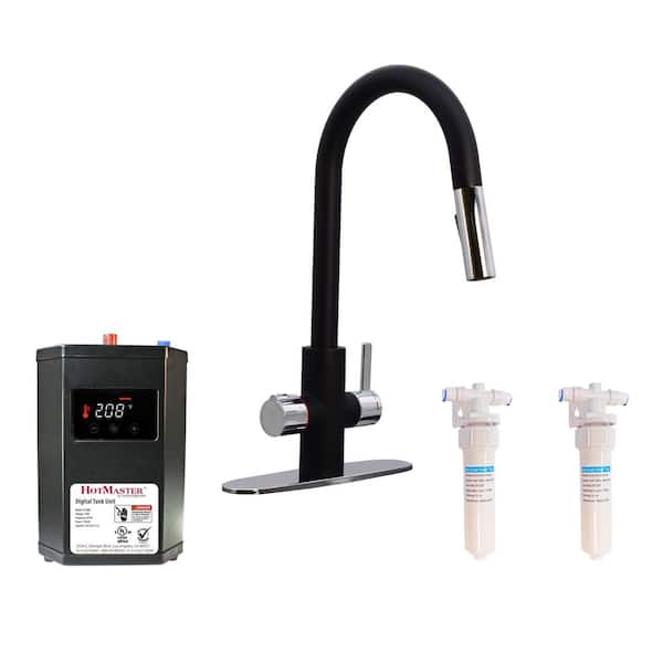 Westbrass HotMaster 4-in-1 Single-Handle Instant Hot Water Pull Down Kitchen Faucet with DigiHot Tank in Matte Black/Chrome