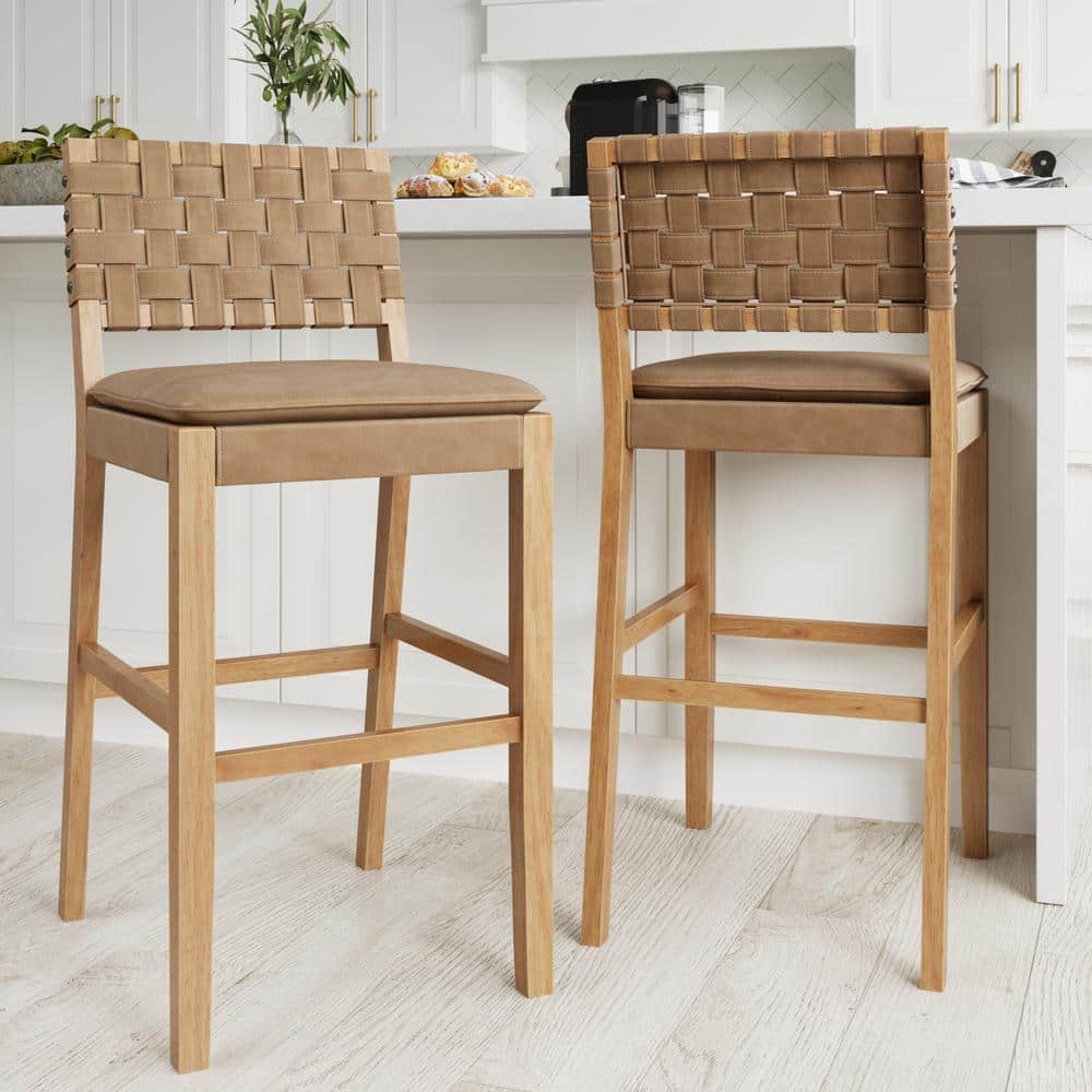 Cohen 24" Brown Faux Leather and Wood Bar Stools, Set of 2