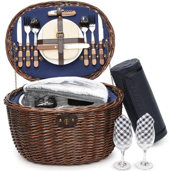 Blue Natural Wicker Picnic Hamper with Service Set and Insulated Cooler Bag for 2 Person for Camping Picnic