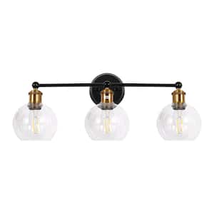 24.41 in. 3-Light Antique Black and Bronze Industrial Bathroom Vanity Light with Globe Glass Shade (Bulbs Not Included)