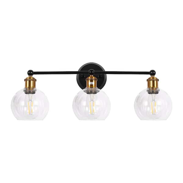 Briignite 25 in. 3-Light Black and Bronze Vanity Light with Clear Globe Glass Shades, Dimmable Metal Fixture for Bathroom