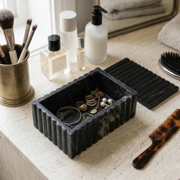 Black 7 in. x 3 in. Marble Decorative Rectangular Ridged Box with Removeable Lid