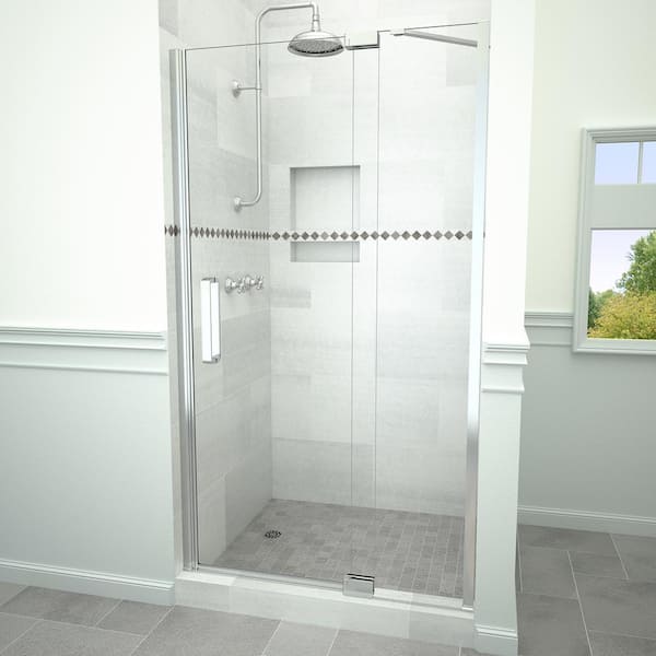 Tile Redi Redi Swing 5200 35 in. W x 76 in. H Semi-Frameless Pivot Shower Door in Polished Chrome with Handle and Clear Glass