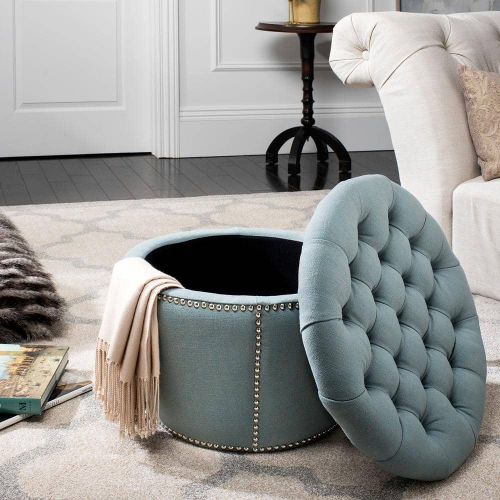 Sky Blue Tufted Round Linen Storage Ottoman