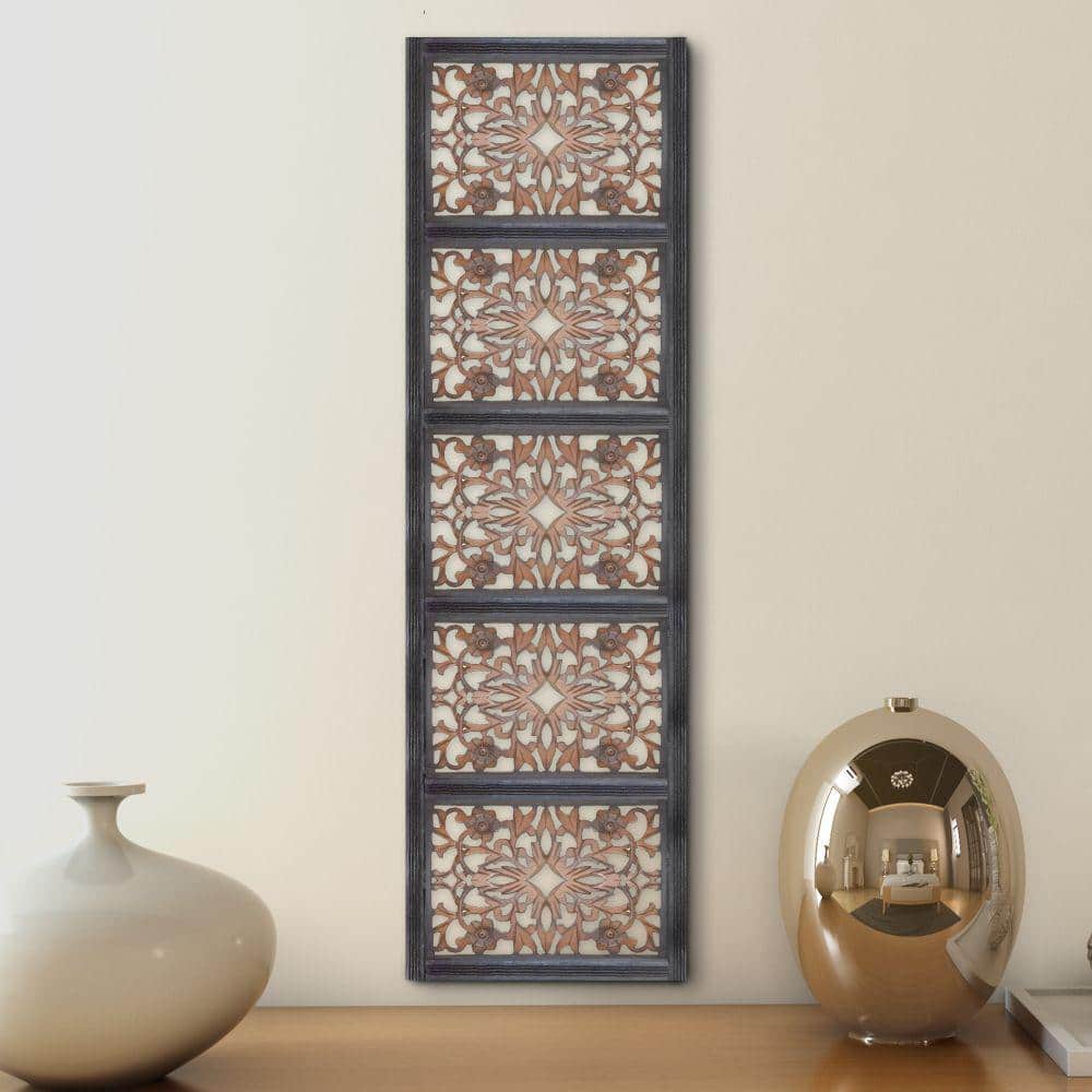 Burnt Black Mango Wood Floral Carved Wall Panel, 20" x 72"