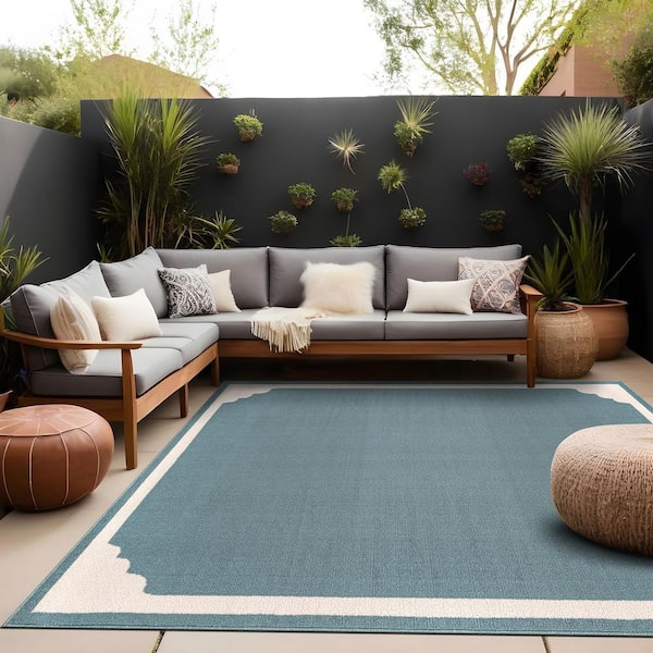 Hera Teal 9 ft. x 12 ft. Rubber Back Washable Corner Bordered Indoor Outdoor Patio Area Rug