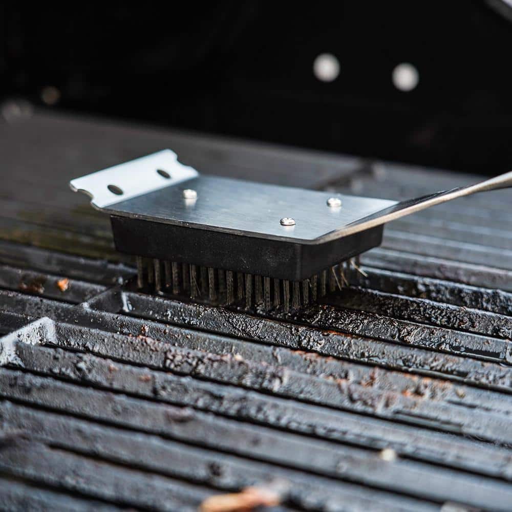 Stainless Steel BBQ Grill Brush with Scraper and Hanging Strap