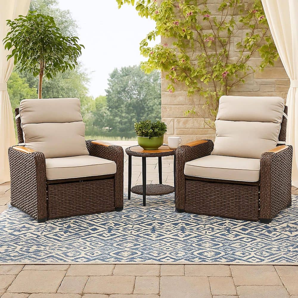 3-Piece Outdoor Wicker Recliner Set with Beige Cushions and Wood Armrests price history on PriceWatchPro