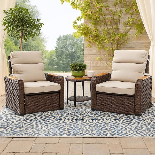 3-Piece Outdoor Wicker Recliner Set with Beige Cushions and Wood Armrests