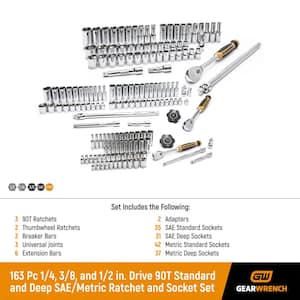 1/4 in., 3/8 in., and 1/2 in. Drive 90-Tooth Standard and Deep SAE/MM Ratchet and Socket Set (163-Piece)
