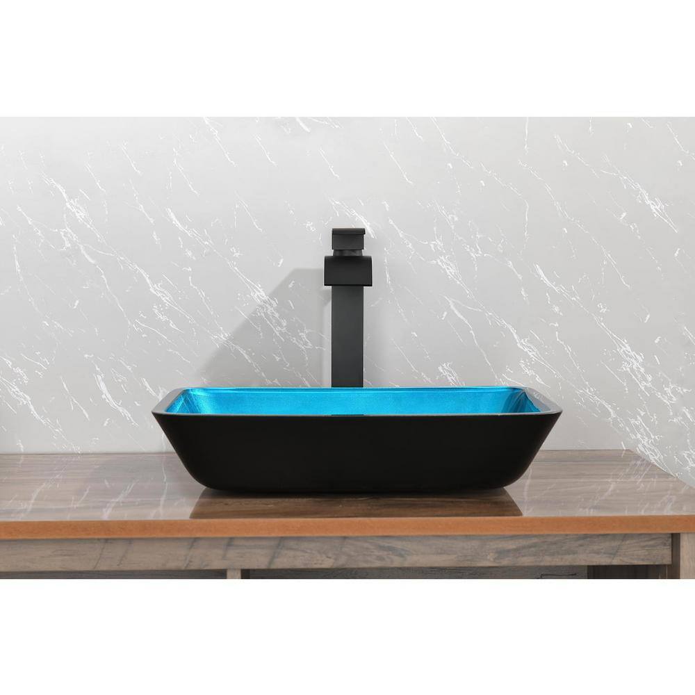 Glass Rectangular Vessel Sink in Black and Turquoise with Faucet and Pop-Up