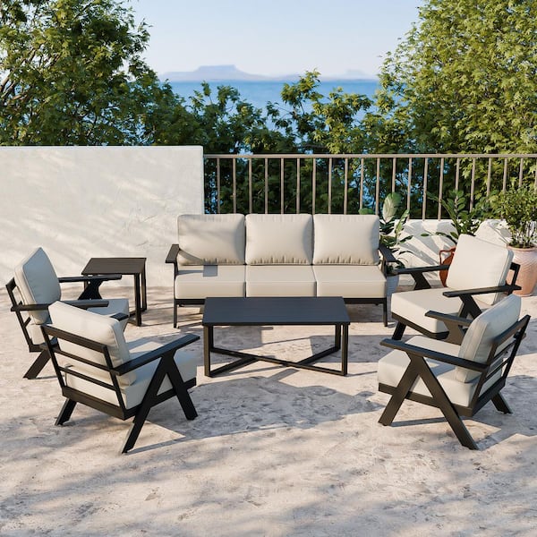 7-Piece Black Aluminum Patio Conversation Set with Beige Cushions and Coffee Table