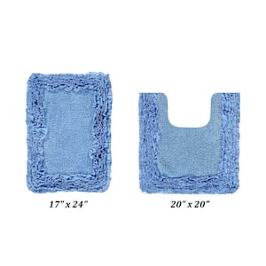 Shaggy Border Collection 2 Piece Blue 100% Cotton Bath Rug Set - (17" x 24" : 20" x 20")