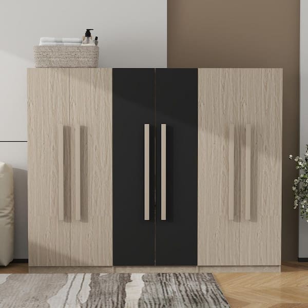 Black/Natural MDF Wood 82.6 in. Wardrobe with 6 Doors and 2 Drawers