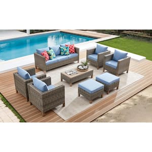 8-Piece Wicker Patio Conversation Set with Blue Cushions