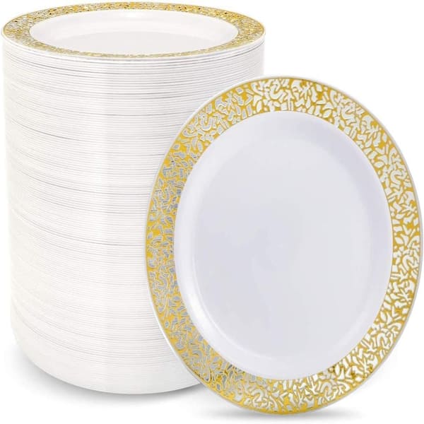 White and Gold Lace Rim Heavy Duty Disposable Plastic Dinner Plates 10.25 in. for Parties (Set of 100)