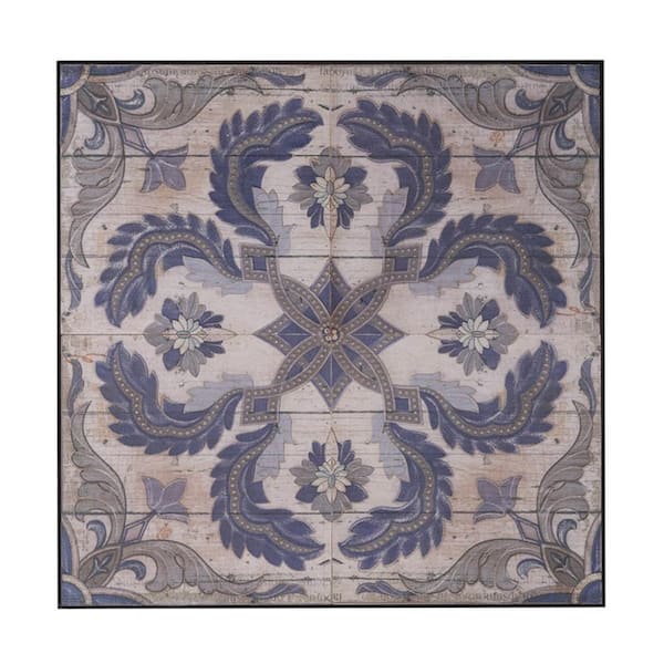 Benjara Blue, Gray and Ivory Wooden Framed Floral Mandala Blooming Wall Art Tile