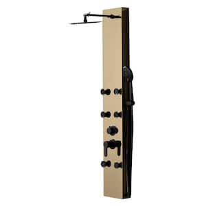 6-Jet Rainfall Shower Panel Tower System with Rainfall Waterfall Shower Head and Shower Wand in Black Gold