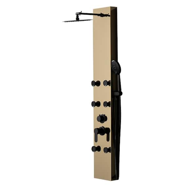 BWE 6-Jet Rainfall Shower Panel Tower System with Rainfall Waterfall Shower Head and Shower Wand in Black Gold