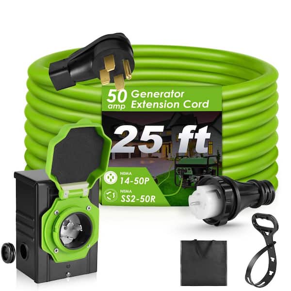 SEEUTEK 25 ft. 8/4 50 Amp Generator Extension Cord 4 Prong 125-Volt Indoor/Outdoor Extension Cord L14-50 with Lighted End, Green