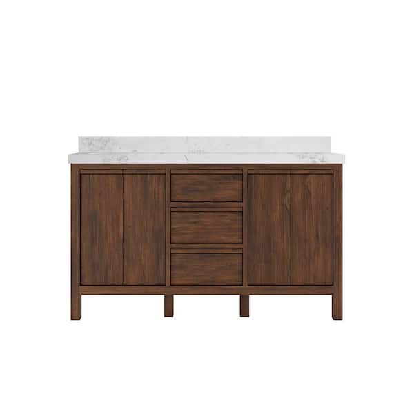 Willow Collections Elizabeth Teak 60 in. W x 22 in. D x 36 in. H Double Sink Bath Vanity in Dark Walnut with 2" Calacatta Nuvo Top