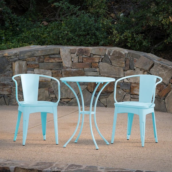 Lourdes Matt Light Blue 3-Piece Metal Round Outdoor Patio Bistro Set