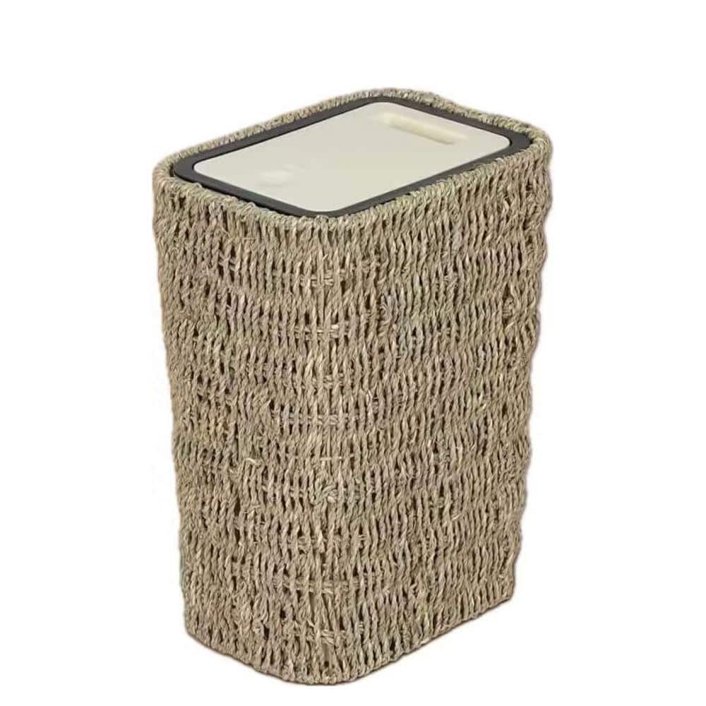 2.6 Gal. Small Rattan Trash Can with Press Top Lid, Seagrass Woven Garbage 