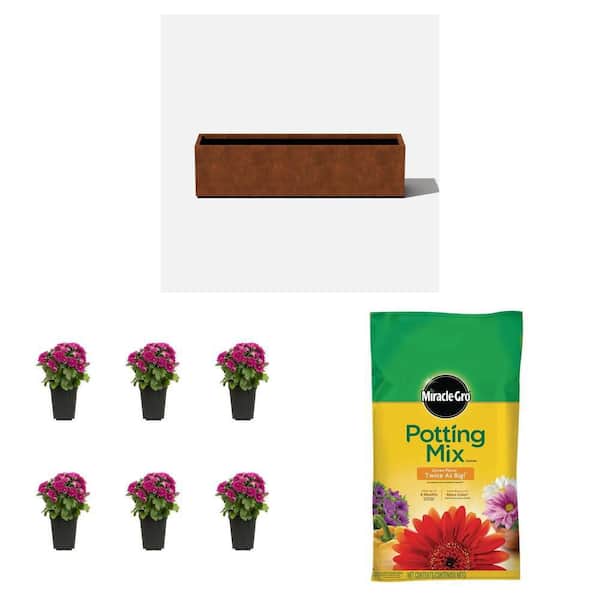 Corten Steel Window Box (9 in. x 36 in.) with Purple Mum (6-Pack) and 25 Qt. Potting Mix